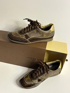Louis Vuitton Brown Monogram Sneakers with Gold Heel Accent